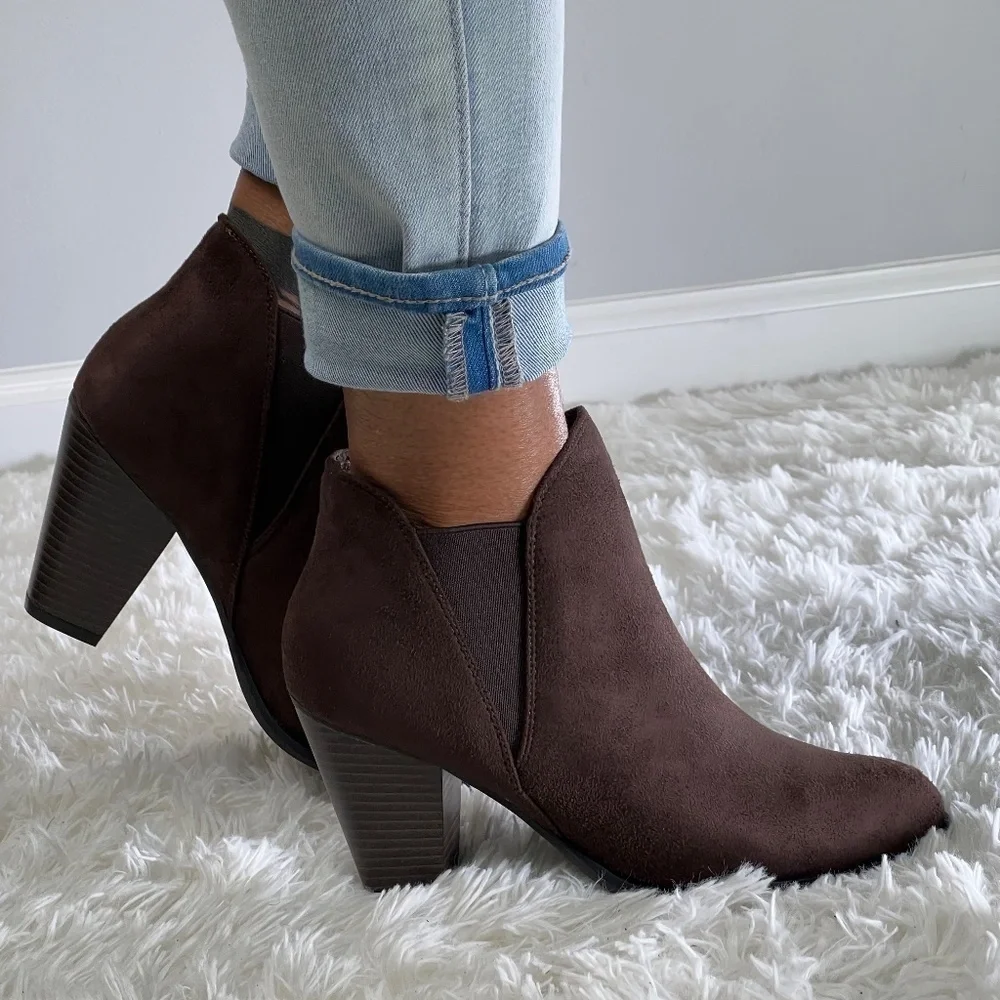 Brown heeled slip on ankle booties